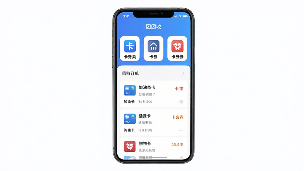 手机屏幕展示团团收APP卡券回收首页界面,主体为一部竖放的智能手机,布局居中,上方显示软件名称“团团收”和卡券分类图标,下方为回收订单列表,排版简洁清晰,风格为扁平化科技蓝配色,细节包含加油卡、话费卡、购物卡小图标,画质高清干净无多余元素