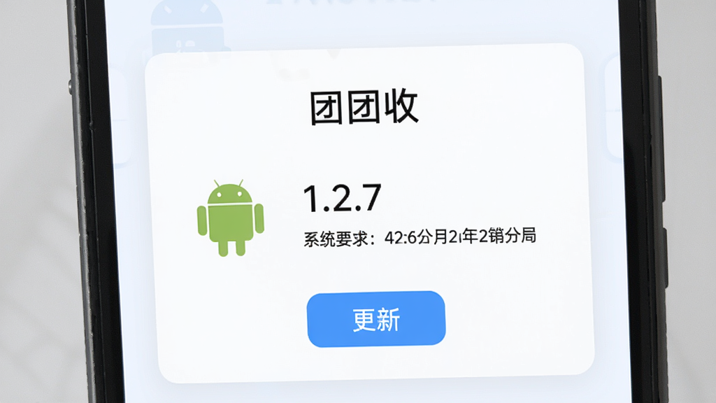 团团收APP版本信息页面示意图,主体为手机界面特写,布局为居中卡片式展示,上方标注“团团收”名称,中间显示版本号“1.2.7”和系统要求信息,排版整齐,风格为清爽浅色简约风,细节包含Android图标和更新按钮,画质清晰干净无多余元素