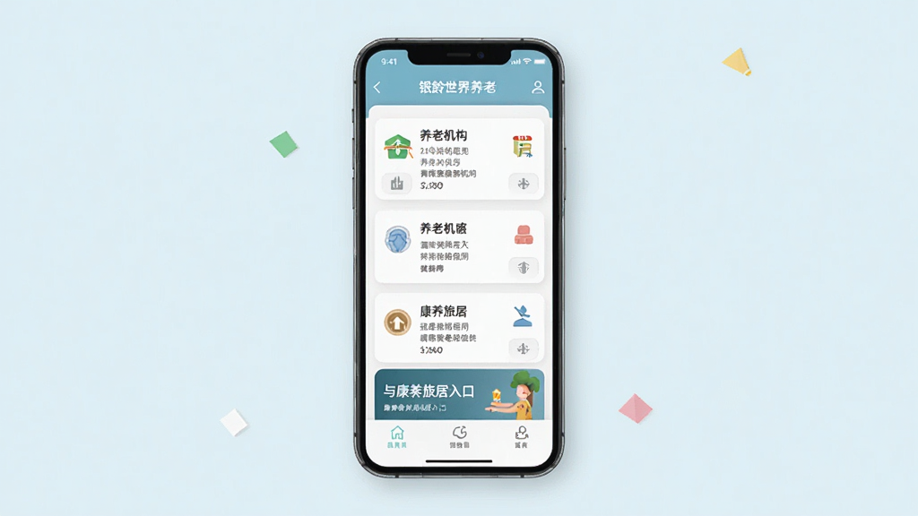 手机屏幕展示银龄世界养老应用首页,主体为一部智能手机居中摆放,界面显示养老机构列表与康养旅居入口,布局简洁清晰,浅色调背景,扁平化UI风格,细节包含图标与卡片式菜单,画质清晰干净,无多余元素