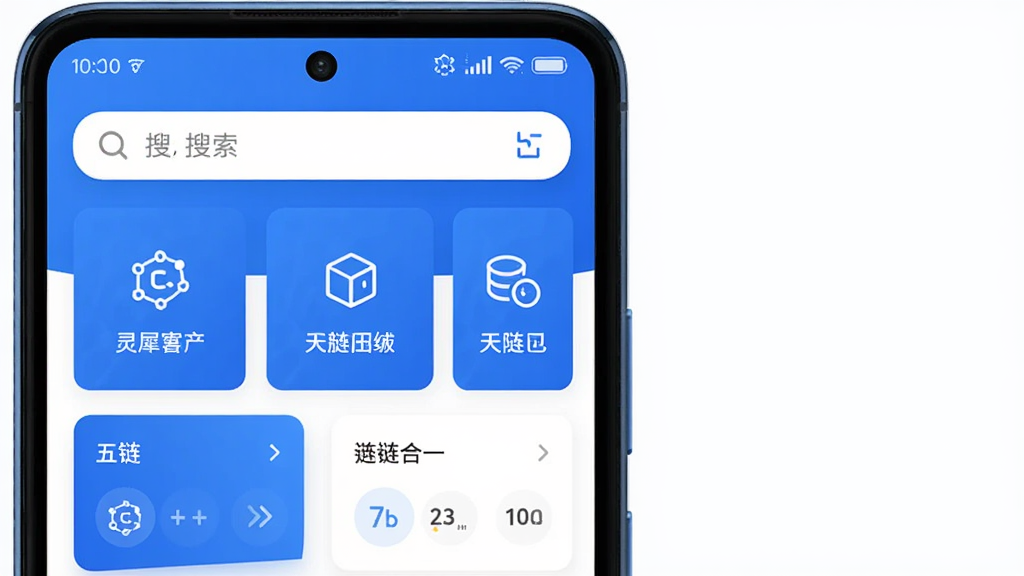 画面主体为一部安卓手机,屏幕显示“灵犀超链”软件首页,页面布局为顶部搜索框加五链合一模块卡片,排版整齐,风格为清爽科技蓝,细节包含产业链图标与数据卡片,画质清晰干净,无多余元素