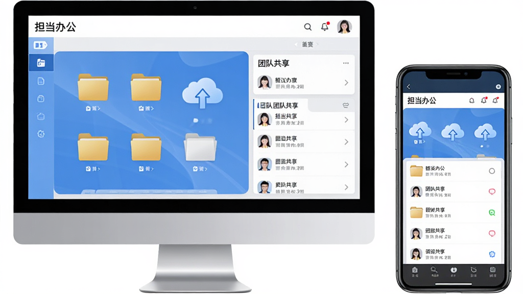 电脑与手机双端同步展示“担当办公”文件共享界面,主体为桌面显示器与手机并排,布局左右分布,排版整齐,风格为清爽商务风,细节包含文件夹图标、云端上传箭头、团队共享列表,画质高清干净,无多余元素