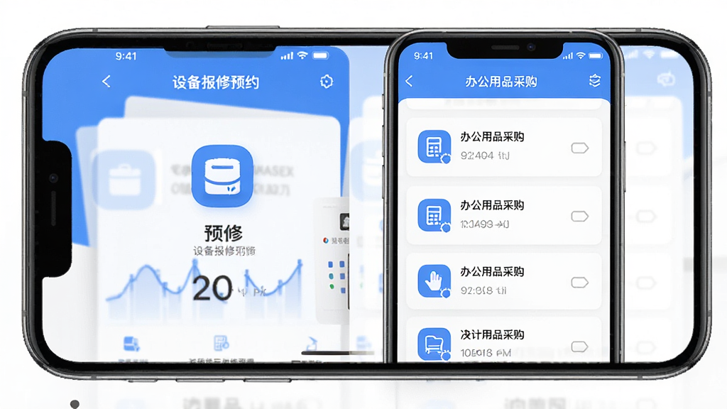 欧菲斯企业购APP界面展示,主体为手机屏幕显示设备报修预约页面与办公用品采购列表,布局为居中手机正面图,排版简洁上下留白,风格为现代商务扁平化,细节包含蓝色主色调图标与清晰文字标签,画质高清干净无多余元素