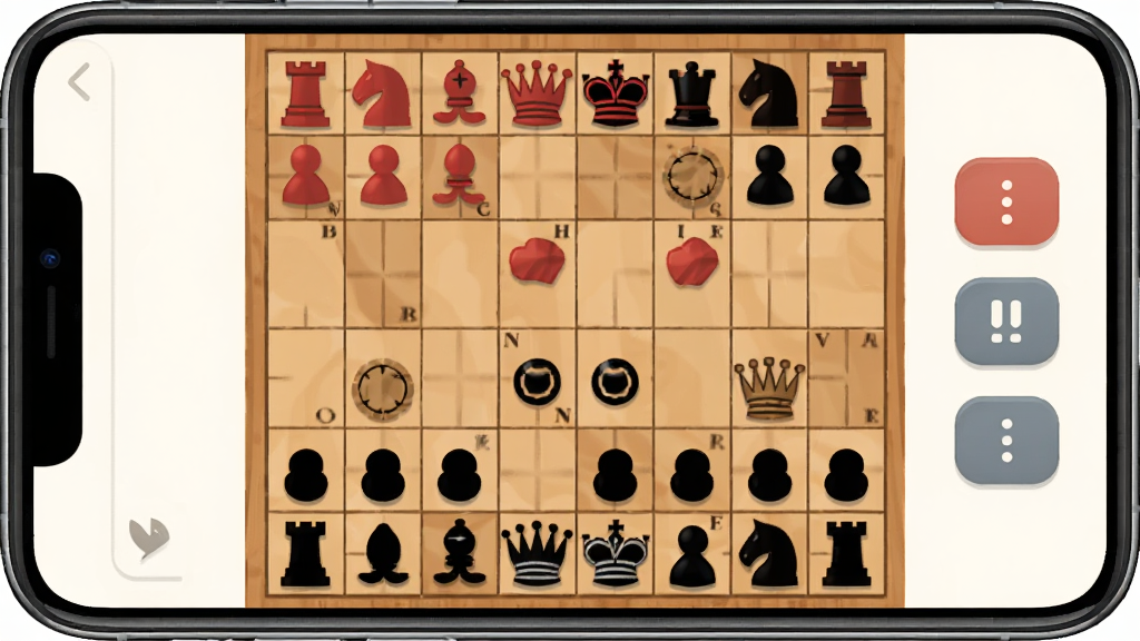手机屏幕显示象棋巫师残局挑战界面,木质棋盘,红黑棋子整齐排列,侧边有提示按钮,布局居中,清新扁平风格,细节清晰,画质干净,无多余元素
