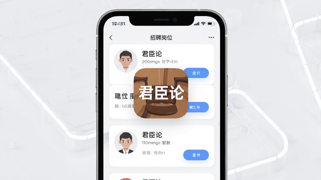手机应用界面展示,画面中央是“君臣论”应用图标与招聘岗位列表页,主体为一部竖屏手机,布局居中对称,排版简洁,风格为清爽扁平化科技风,细节包含岗位卡片、头像、按钮元素,画质清晰干净,无多余元素