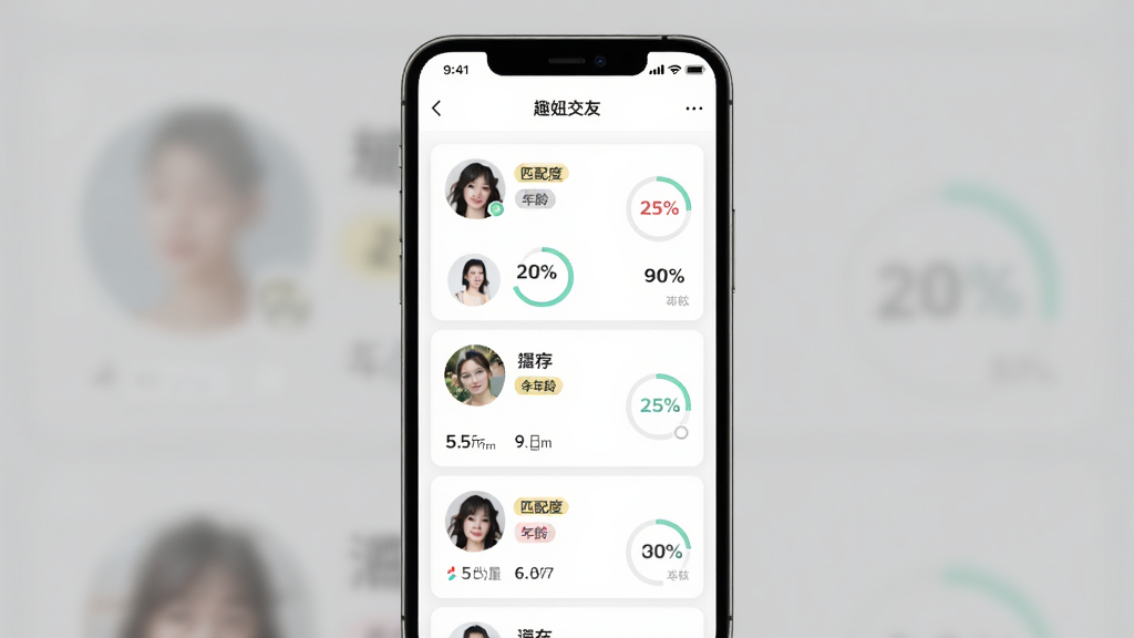手机屏幕展示趣妞交友软件智能匹配推荐列表界面,主体为手机居中放置,布局上方为状态栏下方为推荐卡片列表,排版简洁清晰,风格现代扁平化,细节包含用户头像、年龄标签、匹配度百分比,画质高清干净无多余元素