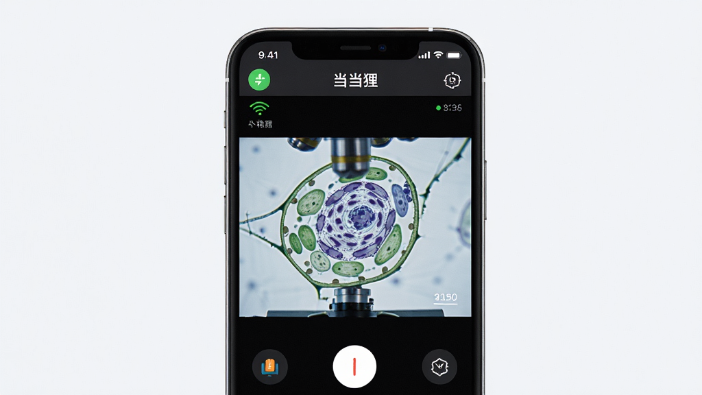 手机屏幕显示当当狸APP实时画面传输界面,画面中呈现显微镜下的植物细胞结构,布局为手机居中展示,背景简洁浅色,排版突出APP界面与传输画面,风格为科技感扁平化设计,细节包含连接状态图标和清晰图像,画质高清干净无多余元素