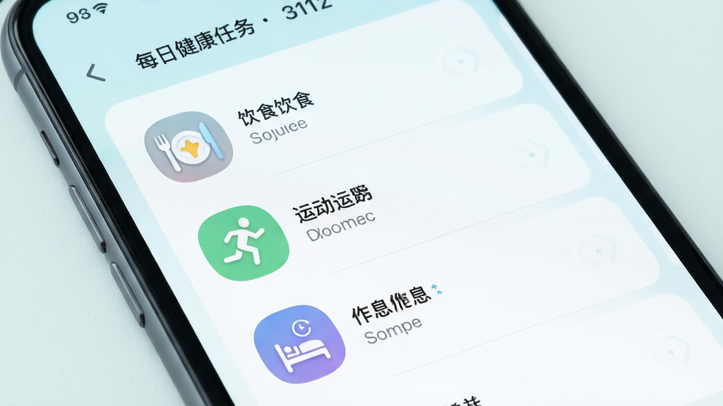 手机应用界面展示每日健康任务清单,包含饮食、运动、作息图标,排版整齐,风格清新浅色,主体为手机屏幕特写,细节图标清晰,画质干净高清,无多余装饰