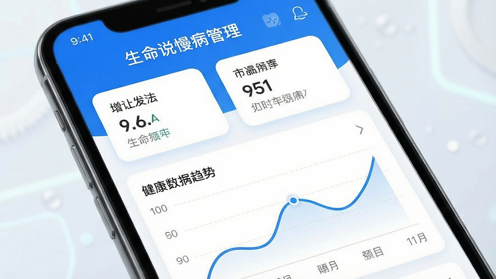 手机屏幕显示健康数据趋势图表,界面简洁,蓝白色调,标题“生命说慢病管理”,布局为上下结构,上方数据卡片下方折线图,风格现代科技感,细节清晰,画质高清,干净无多余元素