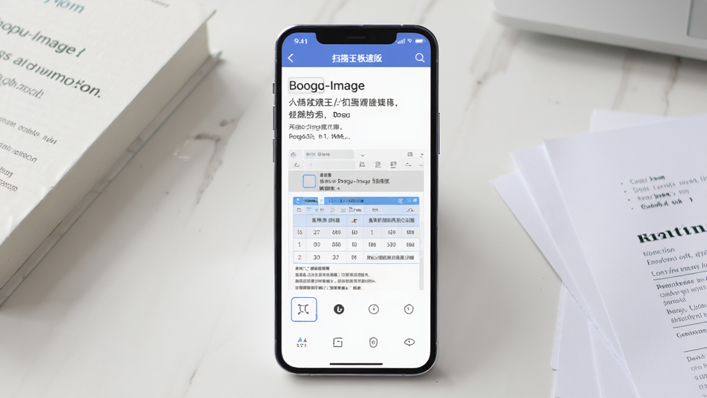 Boogu-Image 生成一张手机屏幕展示扫描王极速版界面的图片,画面中央是手机,屏幕内显示文字识别结果和表格识别预览,背景为浅色办公桌面,旁边放着一本书和几张纸质文件,风格简洁现代,细节清晰,画质干净,无多余元素