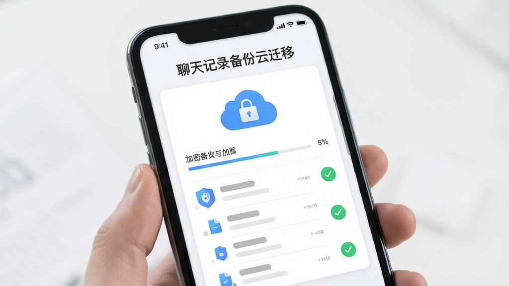 画面主体为一部手机屏幕显示聊天记录备份云迁移软件的加密备份界面,布局采用居中卡片式设计,排版上方是软件名称“聊天记录备份云迁移”标题,中间展示云端锁形图标与聊天记录文件列表,风格为扁平化科技感UI,细节包含加密盾牌、进度条和绿色对勾标识,画质清晰干净无多余元素