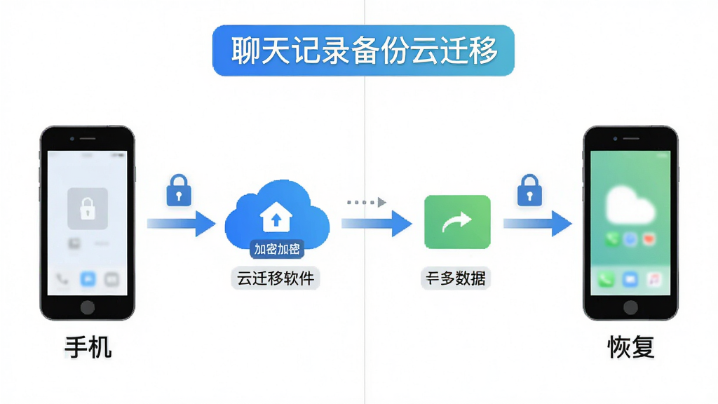 画面主体为聊天记录备份云迁移软件的换机迁移流程图,布局采用左右分栏对比式排版,左侧旧手机图标连接云端加密节点,右侧新手机图标接收恢复数据,风格为简洁信息图风格,细节包含箭头流向、锁形加密标识和“聊天记录备份云迁移”文字标签,画质清晰干净无多余元素