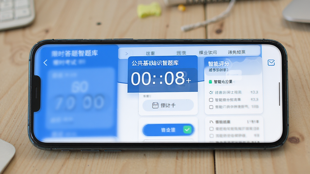 公共基础知识智题库模拟考试界面,手机屏幕显示限时答题倒计时和智能评分结果,简洁蓝色调UI风格,布局清晰,画质干净无多余元素