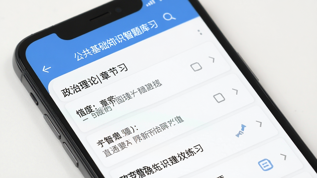 公共基础知识智题库软件界面展示,手机屏幕中显示政治理论模块章节练习列表,干净白色背景,扁平化UI设计风格,细节清晰,画质干净无多余元素