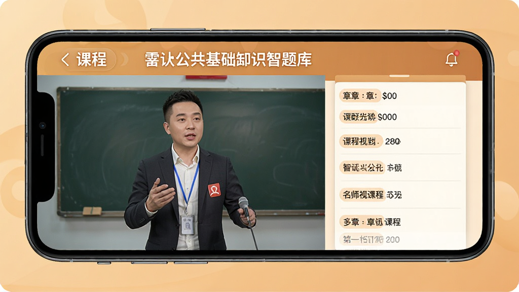 公共基础知识智题库名师视频课程页面,手机屏幕显示讲师授课画面和课程章节列表,暖色调界面风格,排版整洁,画质清晰无多余元素