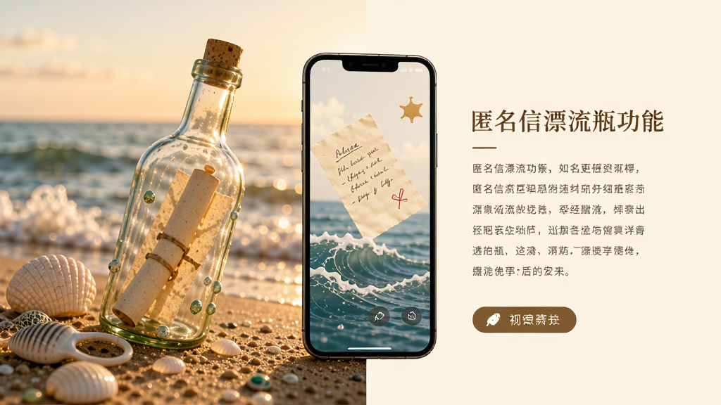 匿名信漂流瓶功能场景,主体为海边漂流瓶与手机界面结合,布局左右分栏,排版左图右文,风格温暖治愈,细节包含瓶子、信纸、海浪元素,画质高清无杂乱
