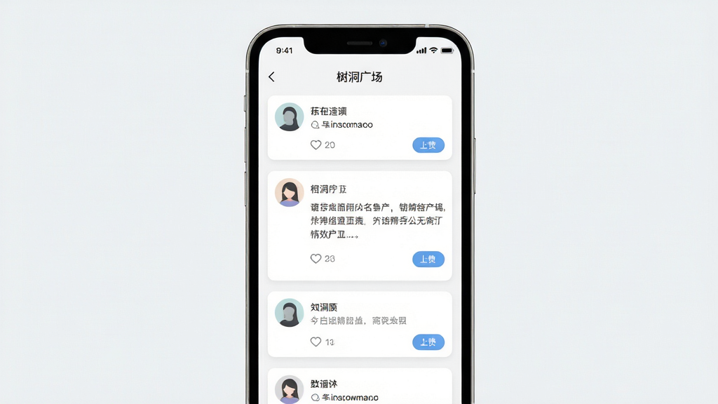匿名信软件界面展示,主体为手机屏幕中树洞广场列表页,布局居中对称,排版上下分区,风格清新简约,细节包含匿名头像、文字卡片、点赞按钮,画质清晰干净无多余元素