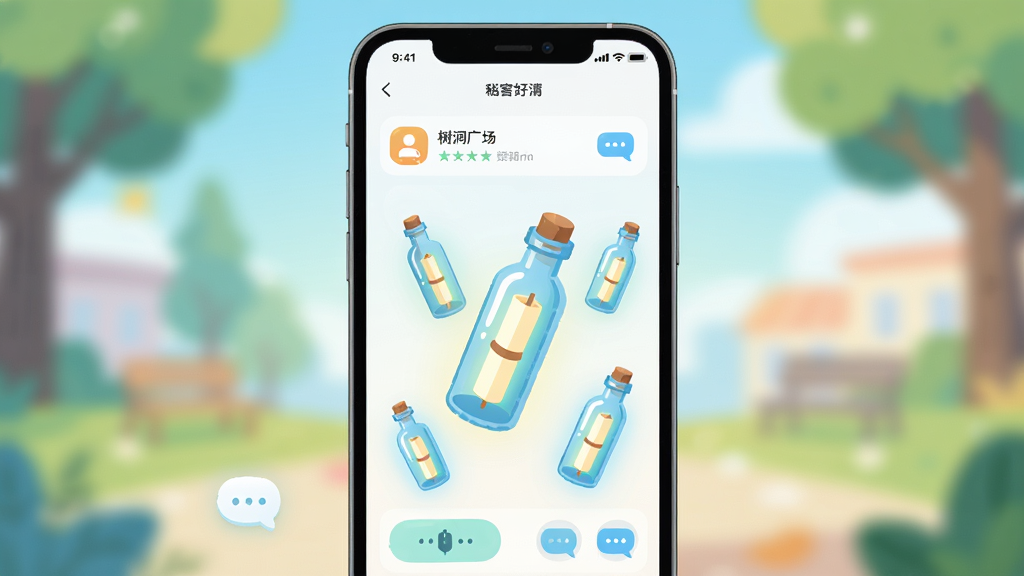 画面主体为一部手机屏幕显示匿名信应用界面,屏幕中央漂浮着几个发光漂流瓶,布局为手机居中、背景虚化处理,排版简洁突出应用界面,风格为清新明亮扁平化插画,细节包含树洞广场列表、私信气泡图标,画质高清干净无多余元素