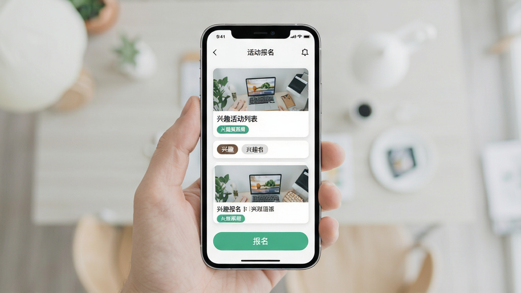 手机屏幕展示兴趣活动列表与报名界面,主体为一部竖屏手机,布局居中,排版简洁,风格现代清新,细节包含活动卡片、兴趣标签、报名按钮,画质清晰干净无多余元素