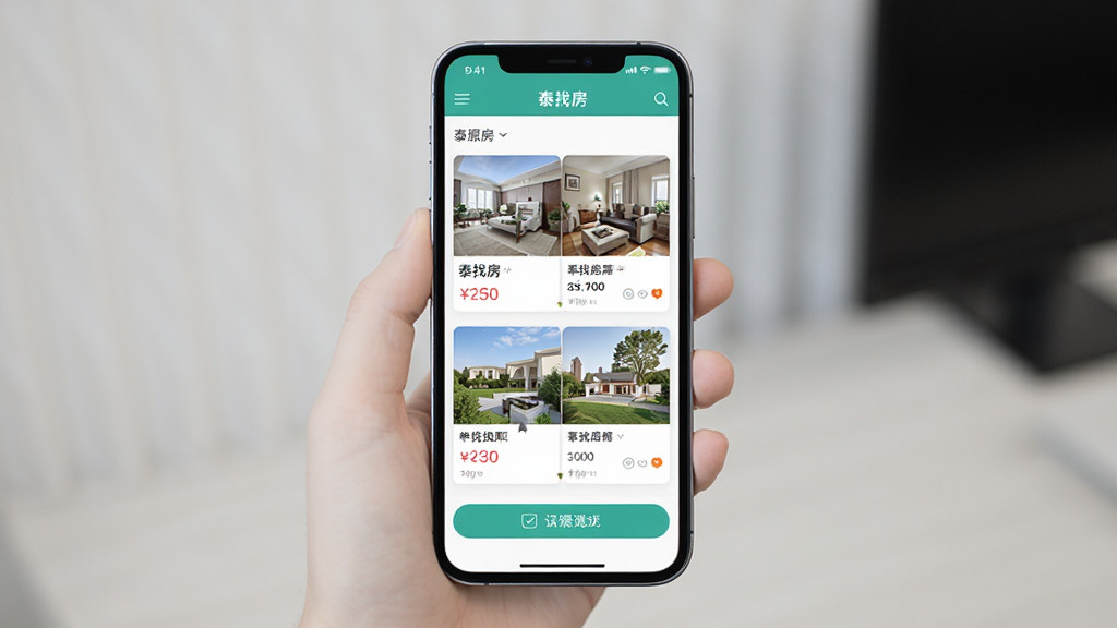 手机屏幕展示“泰找房”APP房源列表页面,主体为一部竖放的智能手机,布局居中,排版简洁,风格为现代扁平化UI风格,细节包括房源卡片、价格标签、筛选按钮,画质清晰,干净,无多余元素