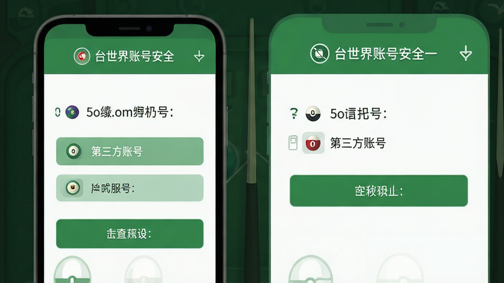 台球世界账号安全设置界面,手机屏幕显示绑定手机号与第三方账号选项,界面简洁清新,绿色主色调,布局整齐,2D扁平风格,画质干净无多余元素