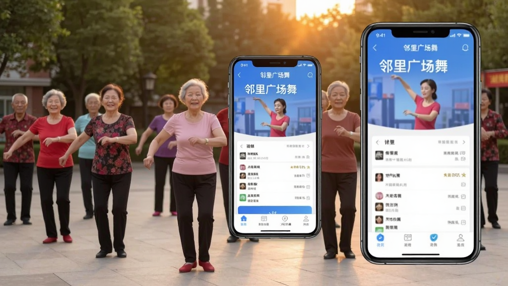 Boogu-Image 生成图片:主体为一群中老年人在社区广场跳舞,画面中央放置一部手机展示