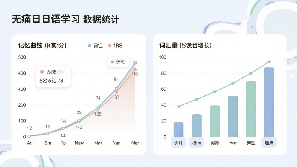 无痛日语学习数据统计页面,展示记忆曲线图表与词汇量增长柱状图,界面清爽,配色柔和,风格专业简洁,细节丰富,高清画质,无多余元素