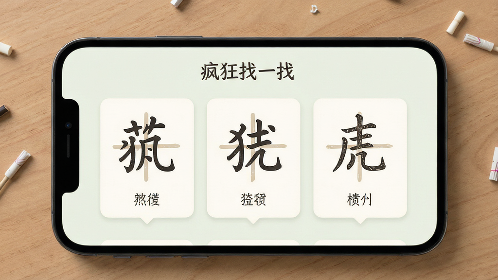 “疯狂找一找”文字学习界面,手机屏幕显示汉字文化知识卡片,配有汉字演变插图和简洁排版,主体居中,布局清晰,素雅浅色风格,细节精致,高清画质,干净无多余元素