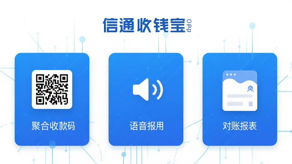 信通收钱宝APP功能界面展示,聚合收款码、语音播报图标、对账报表三个模块并列排布,蓝色金融科技风格,界面干净整洁,画质清晰,无多余装饰元素