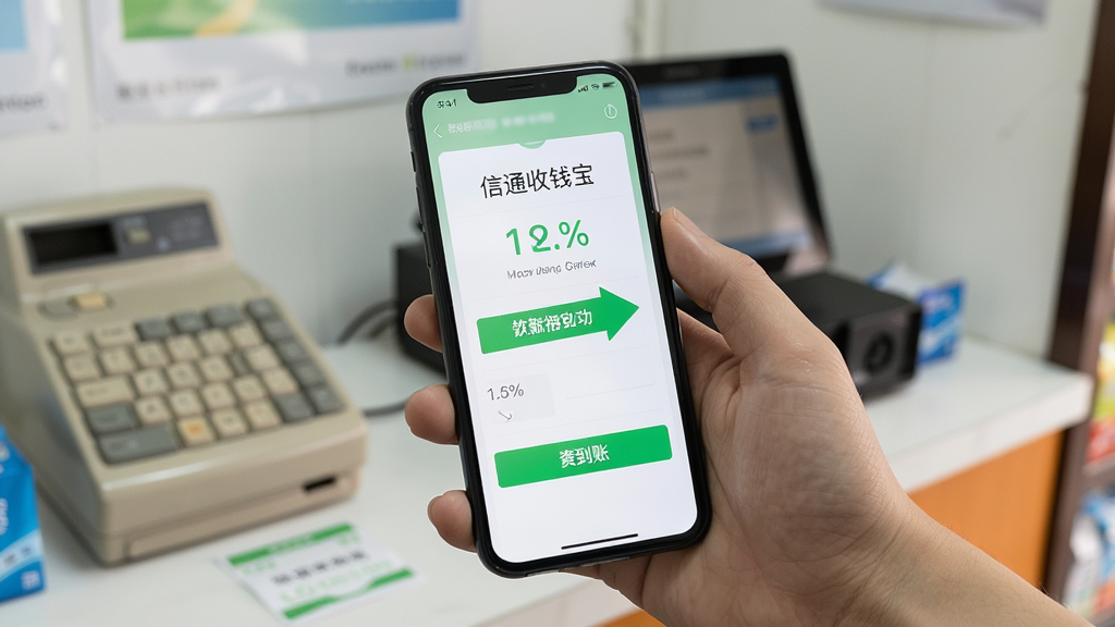 手机屏幕显示信通收钱宝收款成功页面,界面简洁,绿色到账提示,商户手持手机,背景为小型商铺收银台,写实风格,画质清晰,干净无多余元素