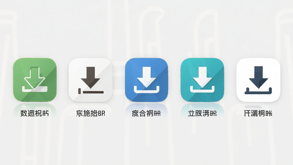 多款下载工具图标集合展示图,画面主体为五款下载类应用图标横向排列,布局居中,排版整齐,风格为简约商务扁平风,细节上每个图标下方带简短文字标签,画质清晰干净,无多余元素