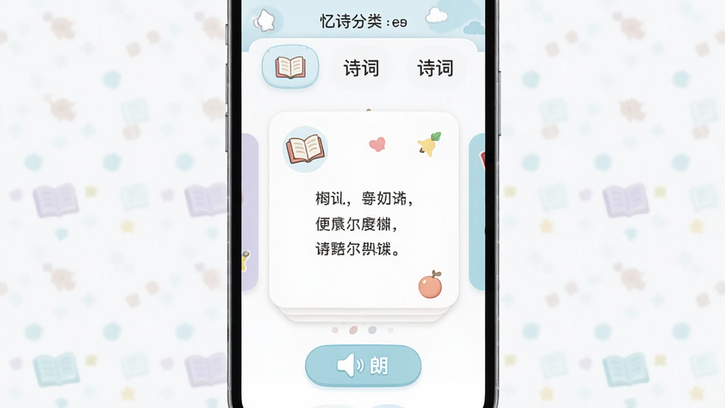 ��ʫ��������չʾ������Ϊһ���ͯ��ʫ��ѧϰӦ�õ������棬���ּ���������Ϸ�Ϊʫ�ʷ����б����м�չʾʫ��ԭ�Ŀ�Ƭ���·����ʶ���ť���Ű��������׳��㣬�������ͯȤ��ϸ�ڰ�����ͨ�鱾ͼ��������ɫ�����ʸ���ɾ��޶���Ԫ��