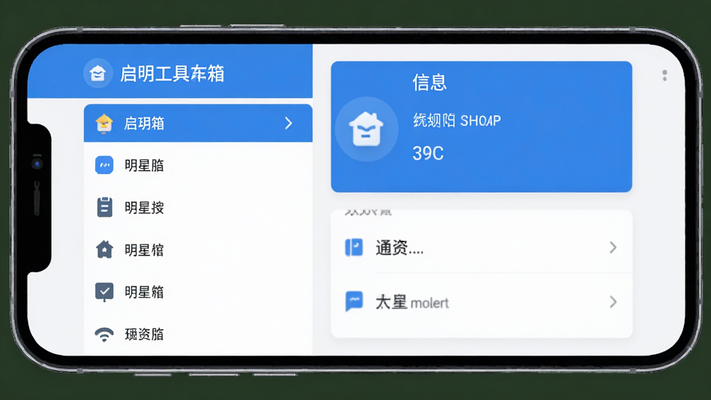 手机屏幕展示启明星工具箱主界面,左侧为分类列表,右侧为系统信息卡片,布局清晰,扁平化设计风格,蓝白配色,细节干净,画质清晰,无多余元素
