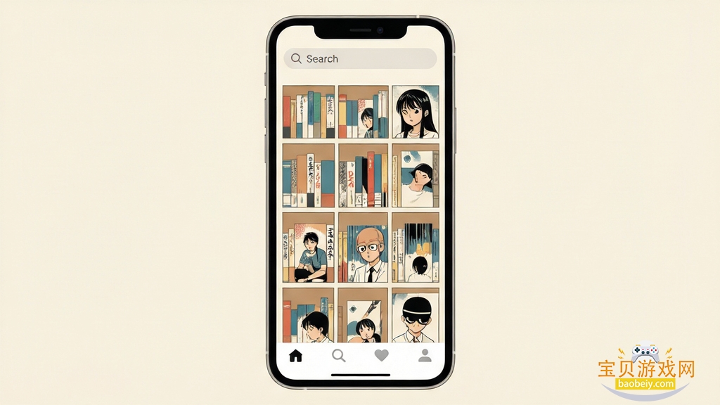 手机屏幕展示漫画阅读界面,浅色背景,书架布局整齐,顶部搜索栏,底部导航图标,扁平化设计风格,画面干净无多余元素,高清画质