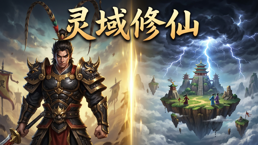 仙侠三国题材游戏宣传图,画面左侧为身穿黑神话悟空战甲的武将,右侧为漂浮的仙岛与渡劫雷云,中间以金色光效分隔,顶部写有“灵域修仙”四个大字,整体风格恢弘大气,色彩饱满,构图对称,高清画质,画面干净无多余元素