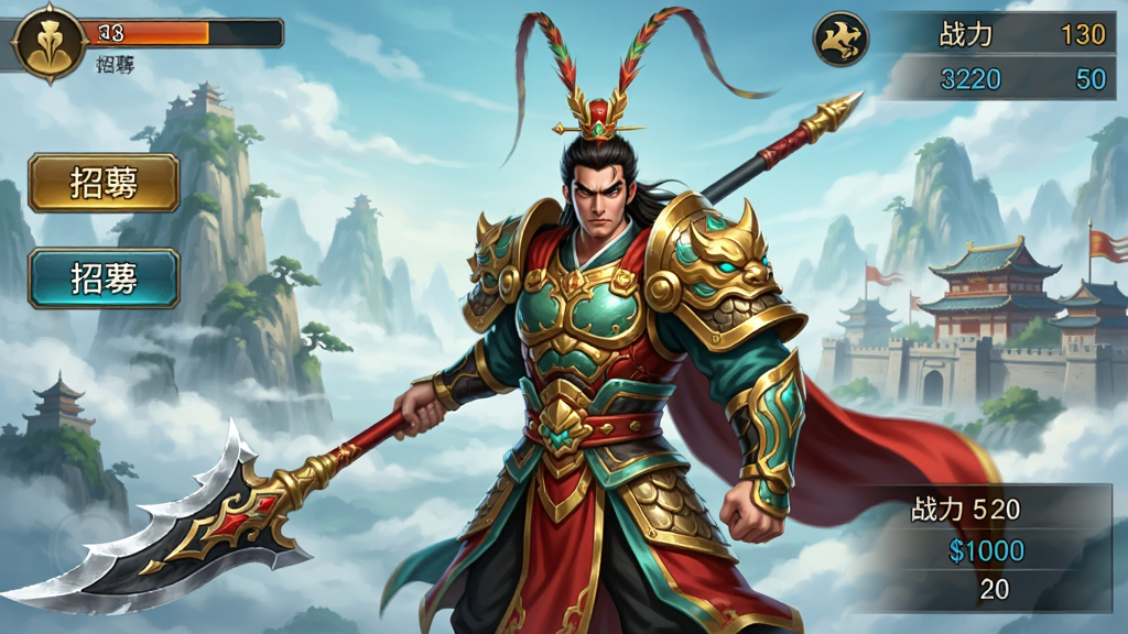 手机游戏界面截图,画面中央是三国武将吕布身披仙侠战甲手持方天画戟,背景为云雾缭绕的仙山与城池,界面两侧分布招募按钮和战力数值,整体风格为东方仙侠三国风,色彩以金红与青蓝为主,画面干净清晰,无多余元素,高清画质