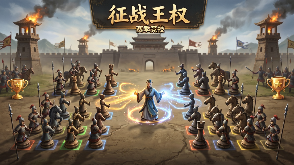 古代战场竞技对决场景,画面左右两侧各排列四乘四战阵,双方兵种棋子对峙,中央有谋臣计谋技能光效释放,背景为城池与烽火台,顶部标注“征战王权”赛季竞技字样,布局为横向对战构图,排版层次分明,风格为国风写实策略游戏宣传图,细节包含兵种克制光效与赛季奖杯元素,画质高清,干净,无多余元素