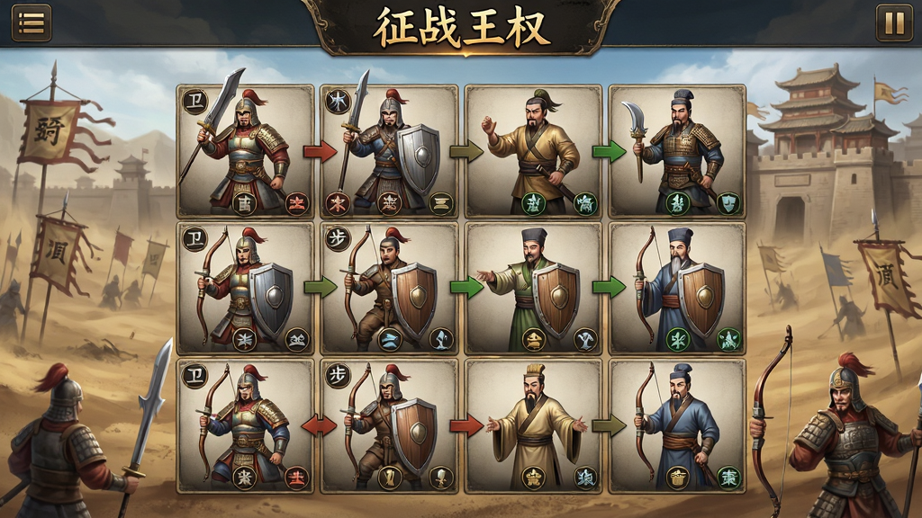 手机游戏界面截图风格,画面中央为四乘四方格战阵布局,十六个格子中分别放置重卫、轻骑、步卒、坚盾、劲弓、策士六种兵种棋子,棋子造型为古代士兵与谋臣立绘,战场背景为古代沙场城池,顶部显示“征战王权”游戏标题,布局居中对称,排版清晰,风格为写实国风策略手游UI,细节包含兵种图标与克制箭头,画质高清,干净,无多余元素