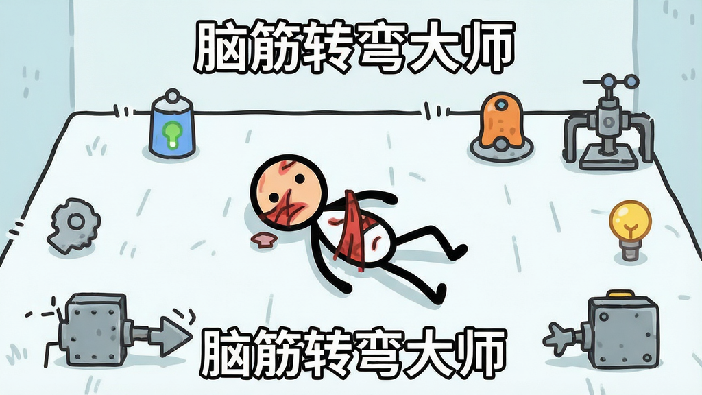 卡通风格火柴人解谜游戏场景,画面中央一个受伤的火柴人躺在简单线条构成的地面上,周围散布可点击的道具和机关,布局清晰,排版居中,扁平插画风格,细节简洁明快,画质清晰干净,无多余元素,画面中带文字“脑筋转弯大师”