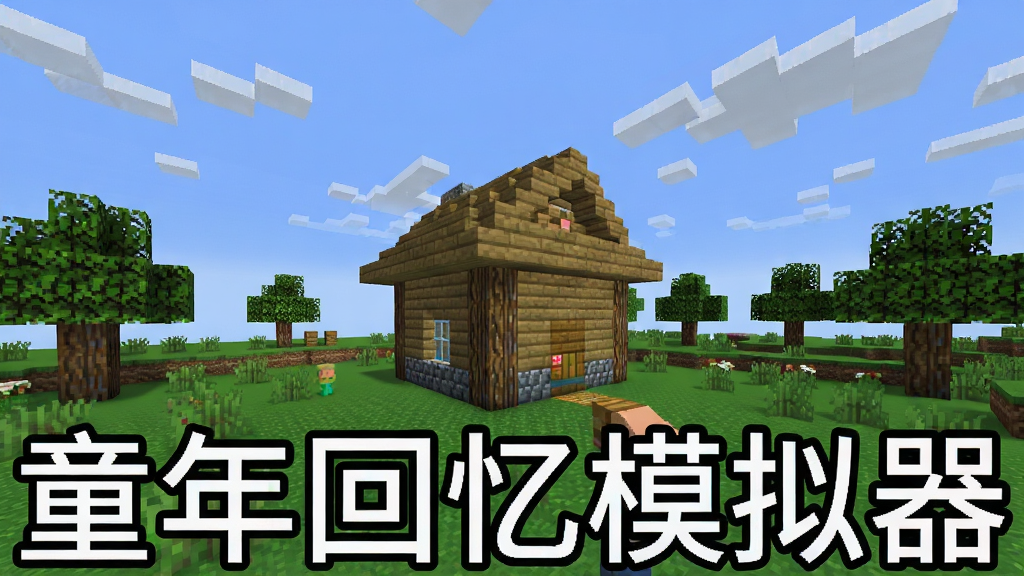 像素方块沙盒游戏场景,画面中央是方块搭建的小屋,周围有绿草地和树木,天空湛蓝,像素风格,布局开阔,细节清晰,画质干净,无多余元素,画面中带文字“童年回忆模拟器”