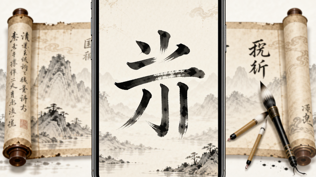 手机屏幕显示水墨国风汉字拆解游戏界面,淡雅山水背景,古朴卷轴与毛笔字,画面中央一个汉字被拆成笔画,主体居中,竖版布局,国风插画风格,细节清晰,画质干净,无多余元素