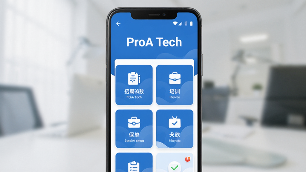 �ֻ���ĻչʾProA Tech�ƶ�չҵϵͳ��ҳ������Ϊһ��������׿�ֻ������־��У��Ű��Ϸ�Ϊ�������ơ�ProA Tech�����⣬�·�Ϊ���ܿ�Ƭ�б������Ϊ�������������ɫ��ϸ�ڰ�����ļ����ѵ������״̬ͼ�꣬���������ɾ��޶���Ԫ��