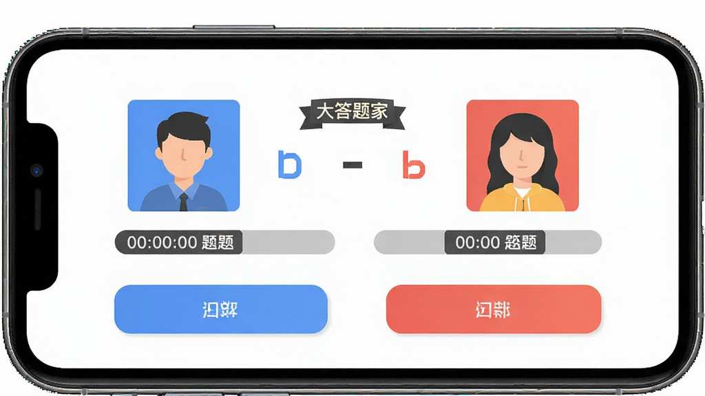 软件名称“大答题家”答题对战界面,主体为手机屏幕展示双方比分和题目,布局居中对称,排版清晰,风格清爽扁平化,细节含倒计时条和选项按钮,画质高清干净无多余元素