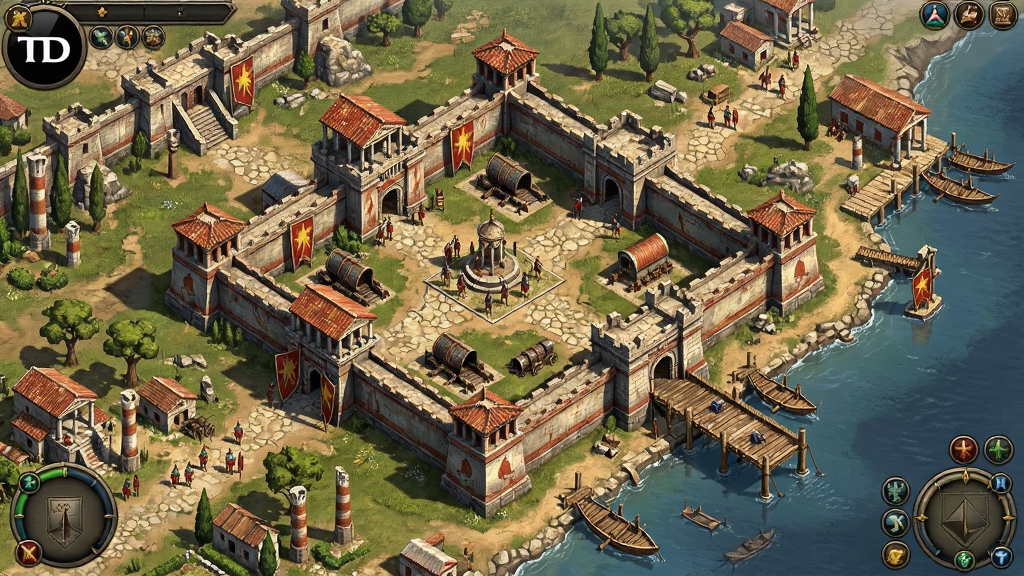 Rome TD游戏战役地图界面,古罗马边境堡垒与港口场景,塔防布局俯视图,壁画质感,细节丰富,高清画质