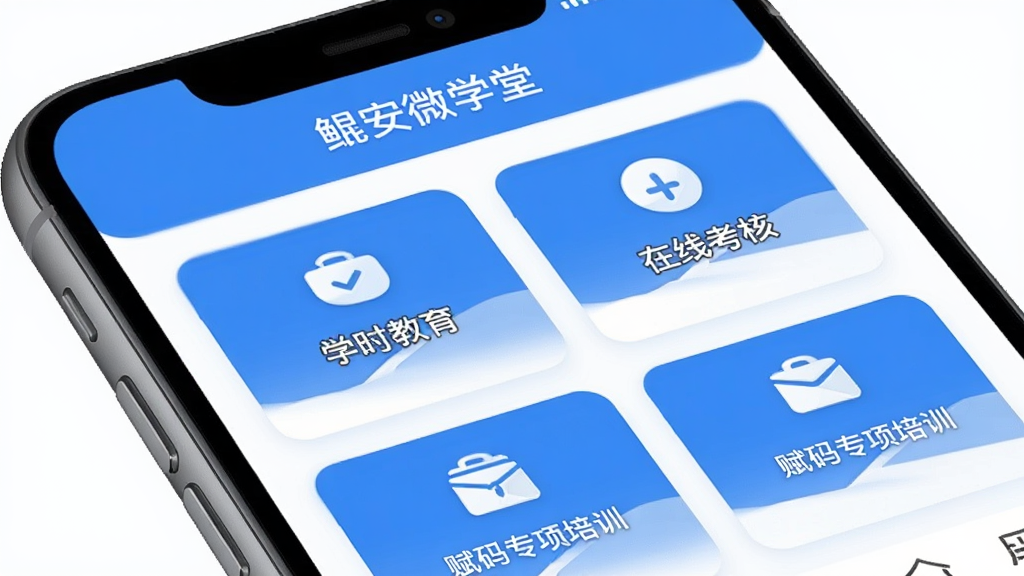 手机屏幕展示鲲安微学堂APP首页界面,上方显示软件名称“鲲安微学堂”,页面布局包含学时教育、在线考核、赋码专项培训等功能入口卡片,整体采用蓝白色调,界面干净整洁,扁平化设计风格,高清画质,无多余元素