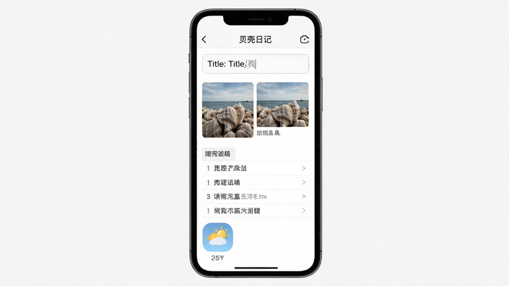 �ֻ���Ļչʾ�����ռǸ��ı��༭���棬����Ϊһ�������ֻ������־��У��Ű�Ϊ�Ϸ��������·���Ԫ�ر༭���������ˬ��Լ��ϸ�ڰ������������ͼƬ����ͼ���б���Ŀ������Сͼ�꣬���ʸ���ɾ��޶���Ԫ��