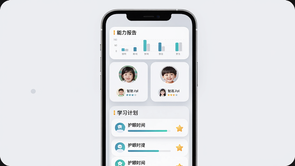 智高无上APP家长端多孩子档案管理界面,主体为手机屏幕展示两个儿童头像档案卡片,布局上方为能力报告图表下方为学习计划列表,排版采用柔和圆角浅灰质感设计,风格简约商务,细节包含进度条、星星图标、护眼时长提示,画质清晰干净无多余元素