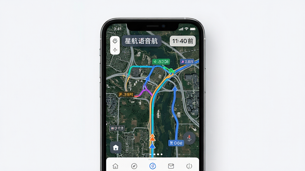 星航语音导航软件界面展示,主体为手机屏幕呈现卫星实景地图与多条路线规划,布局居中清晰,排版上下分层,风格现代科技感,细节包含路况色彩标识与时间预估标签,画质高清干净无多余元素