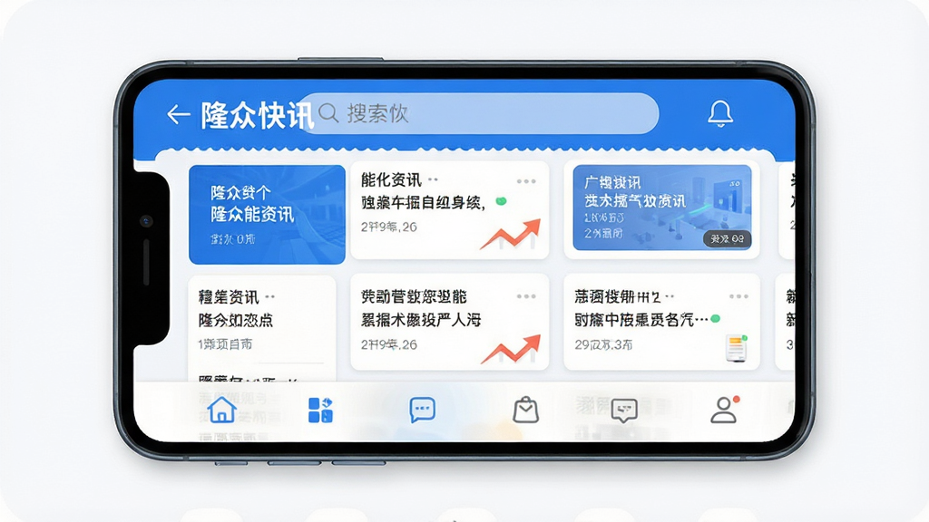 手机屏幕显示隆众快讯应用界面,蓝色主色调,首页排列能化资讯卡片,顶部有搜索栏,底部导航栏清晰,界面简洁清爽,扁平化设计风格,高清画质,干净无多余元素