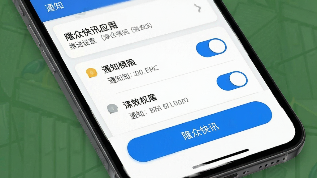 隆众快讯应用推送设置界面,手机屏幕展示通知权限开关列表,蓝色高亮按钮,界面布局清晰,扁平化UI设计风格,高清画质,干净整洁