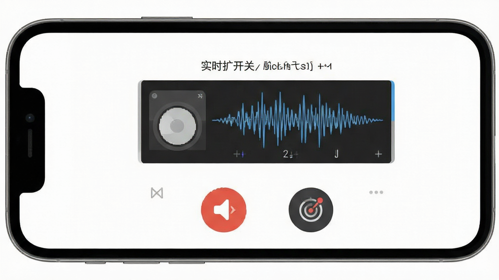 音量增大调节器软件界面展示,手机屏幕中央显示实时扩音开关与音量波形,下方排列录音按钮和节拍器图标,清爽白色背景,扁平化设计风格,布局简洁整齐,细节清晰,画质干净,无多余元素